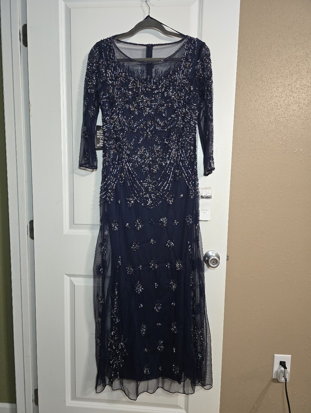 Pisarro Nights Navy Beaded Evening Gown with Sheer Sleeves